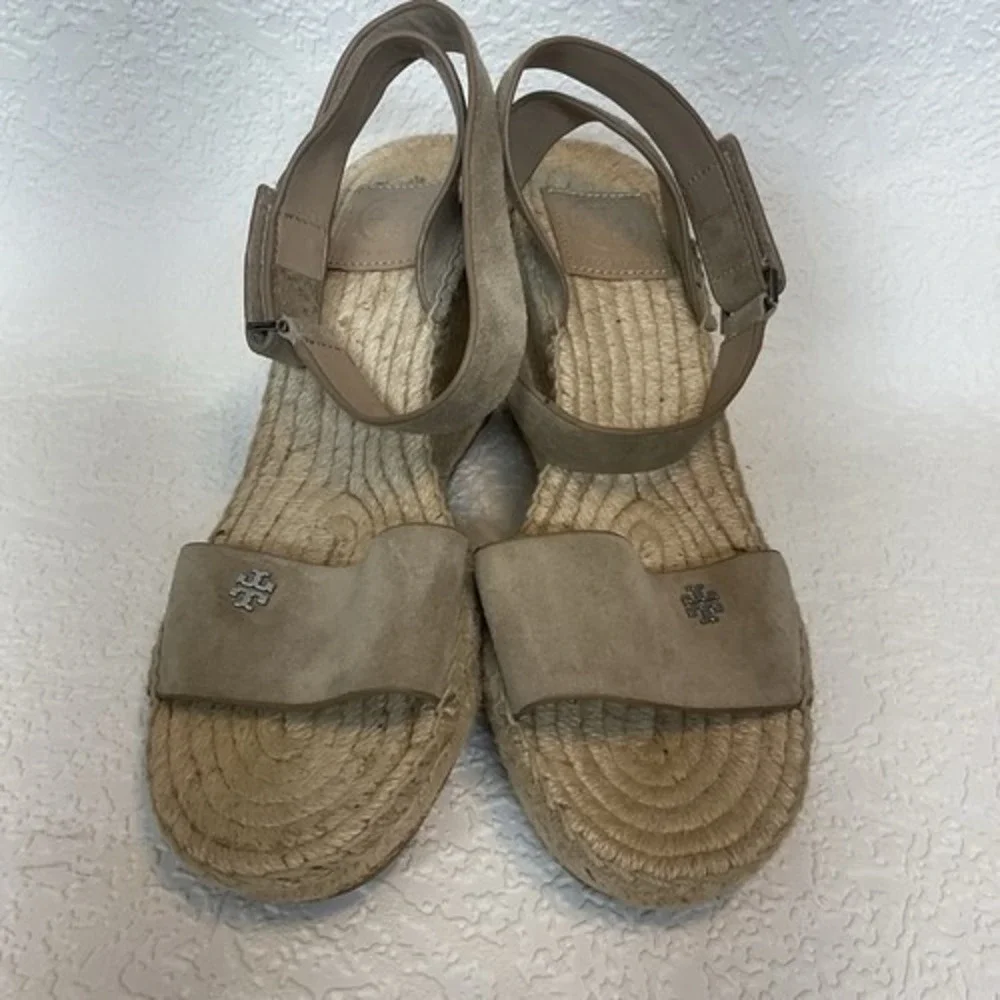 Tory Burch Bima Tan‎ Wedge Espadrille Ankle Strap Sandals Women 8 Spain Leather